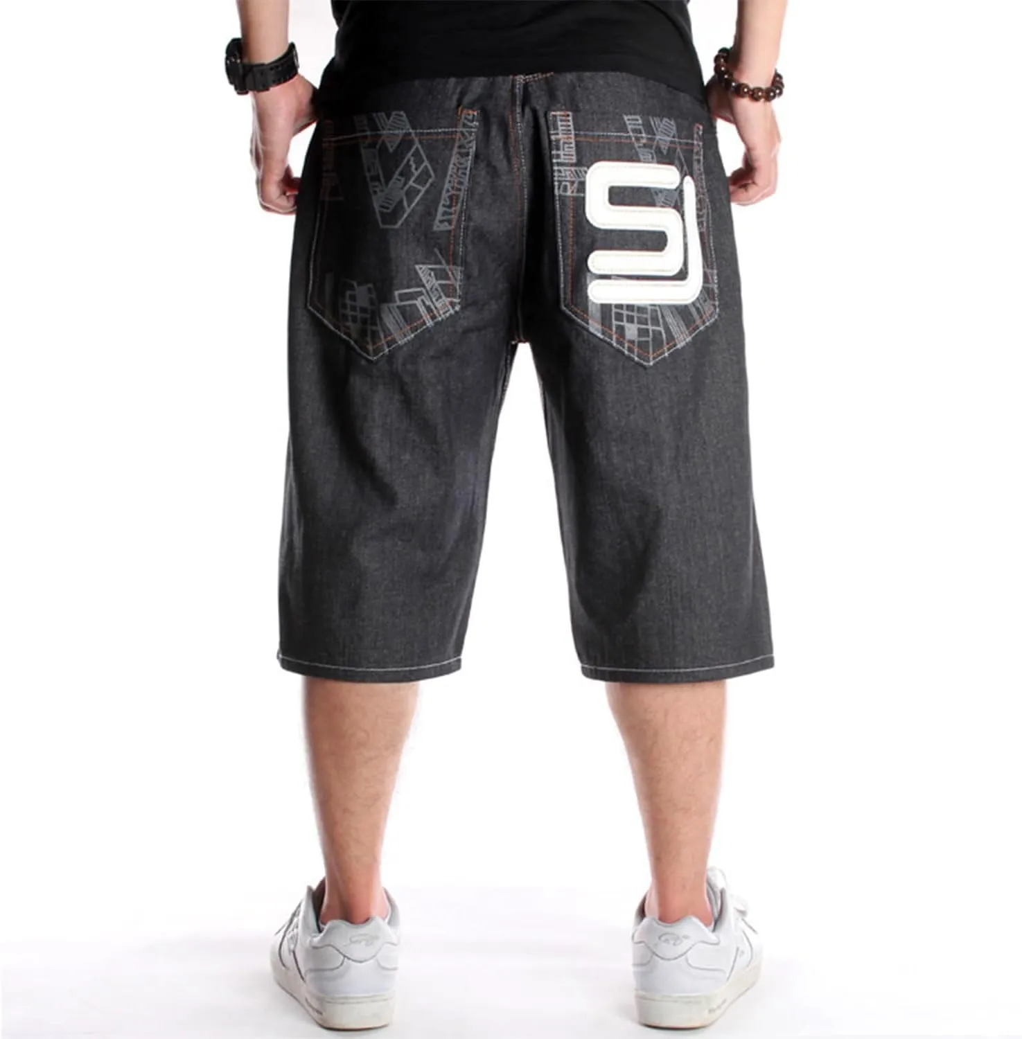 EnllerviiD Men's Baggy Jean Shorts Loose Fit Embroidered Denim Shorts Summer Hip Hop Skateboard Dance Shorts