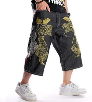 EnllerviiD Men's Baggy Jean Shorts Loose Fit Embroidered Denim Shorts Summer Hip Hop Skateboard Dance Shorts