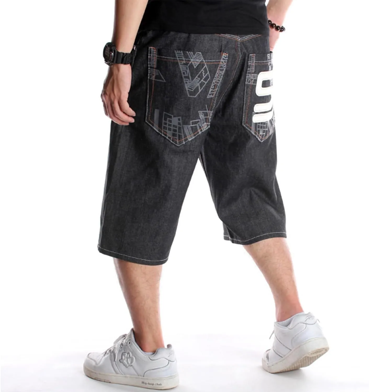 EnllerviiD Men's Baggy Jean Shorts Loose Fit Embroidered Denim Shorts Summer Hip Hop Skateboard Dance Shorts