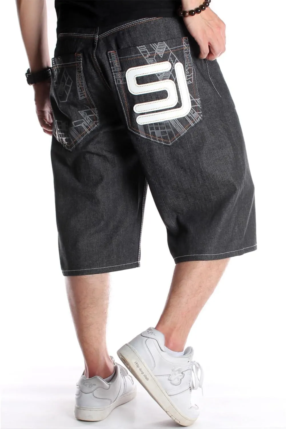 EnllerviiD Men's Baggy Jean Shorts Loose Fit Embroidered Denim Shorts Summer Hip Hop Skateboard Dance Shorts