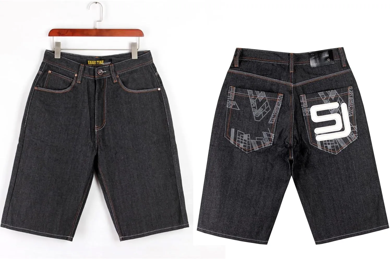 EnllerviiD Men's Baggy Jean Shorts Loose Fit Embroidered Denim Shorts Summer Hip Hop Skateboard Dance Shorts