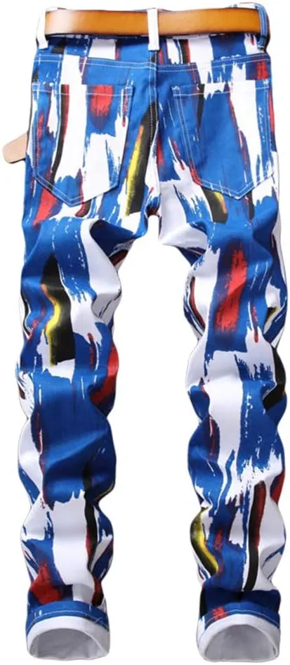 Enrica Men's Casual Printed Jeans Skinny Denim Pants