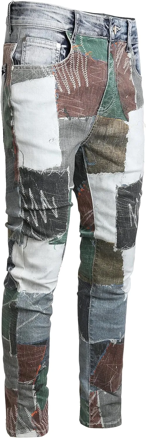 Enrica Men's Casual Printed Jeans Skinny Denim Pants