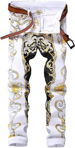 Enrica Men's Casual Printed Jeans Skinny Denim Pants