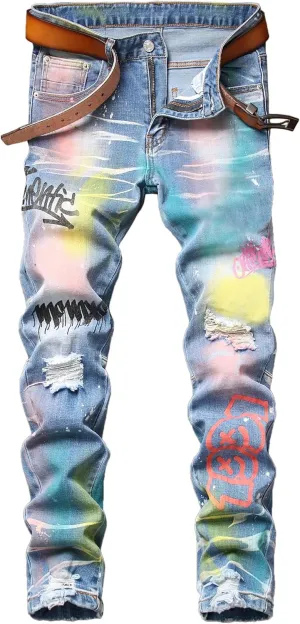 Enrica Men's Casual Printed Jeans Skinny Denim Pants