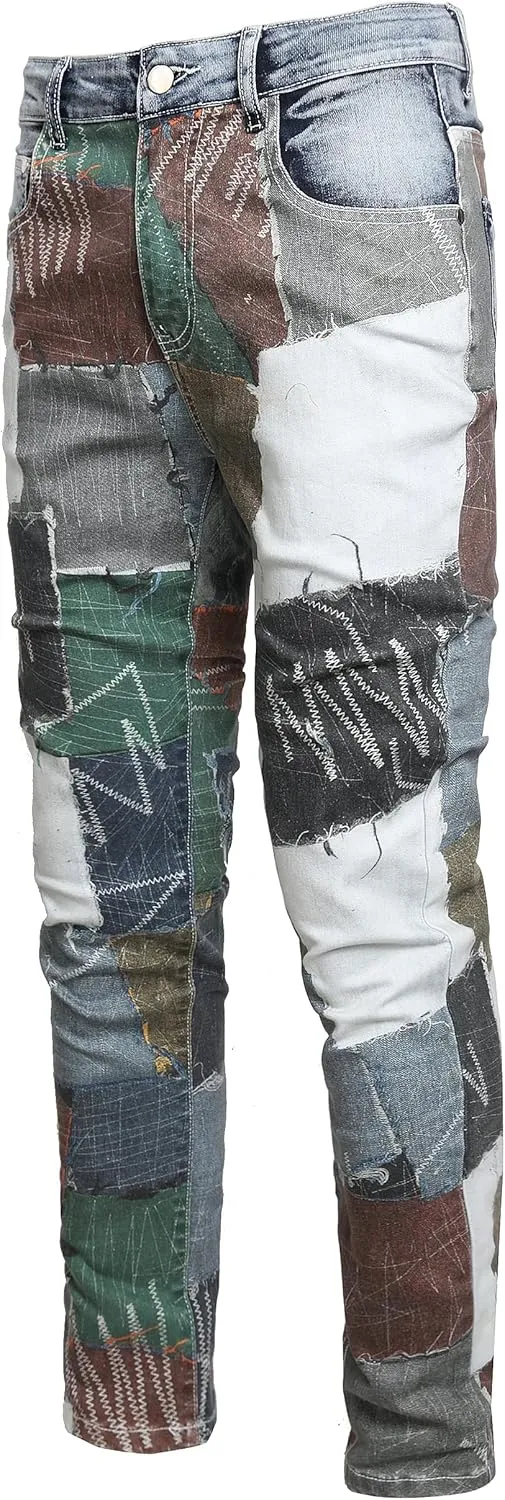 Enrica Men's Casual Printed Jeans Skinny Denim Pants