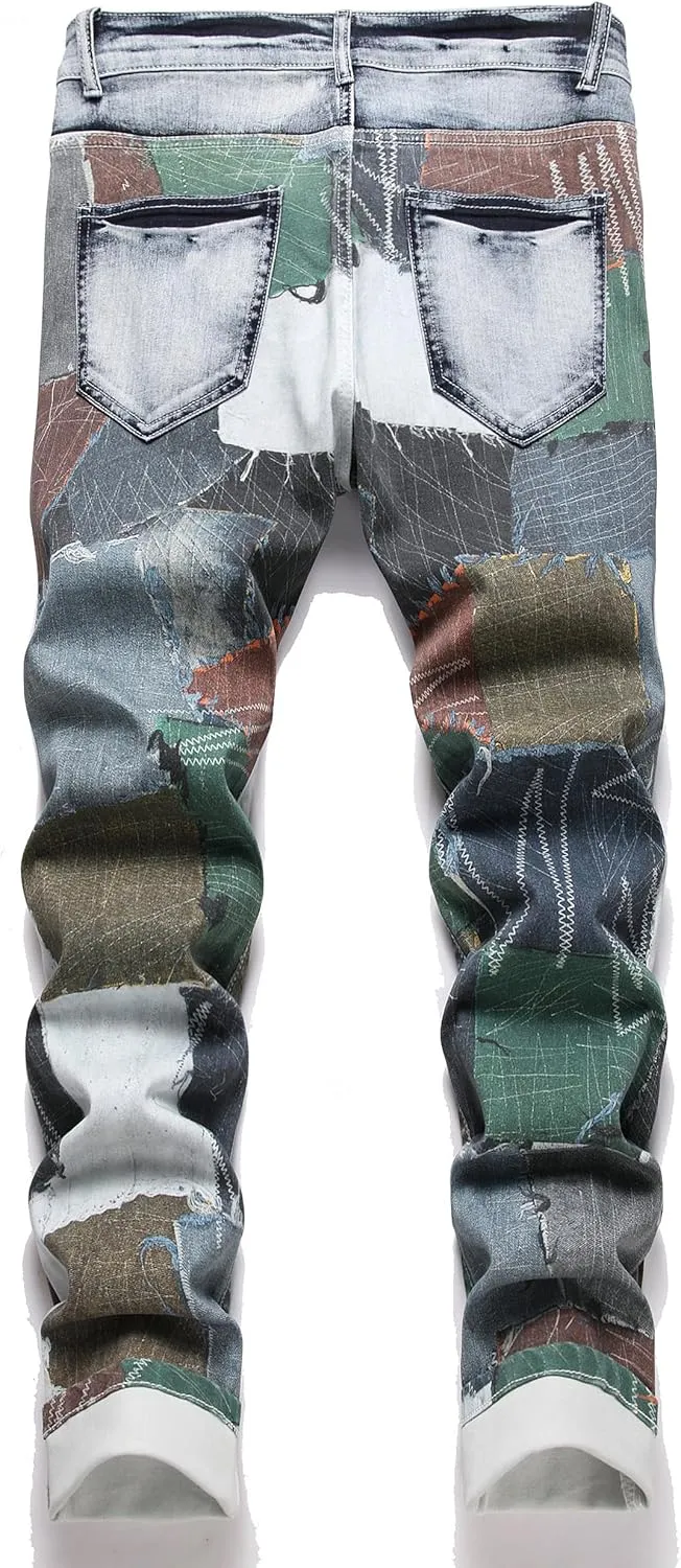 Enrica Men's Casual Printed Jeans Skinny Denim Pants