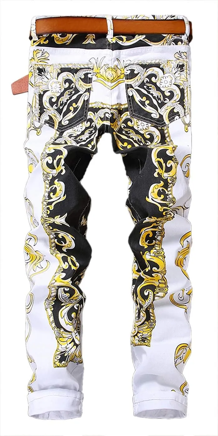 Enrica Men's Casual Printed Jeans Skinny Denim Pants