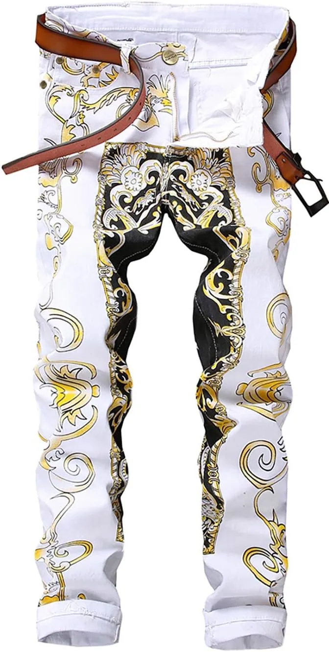 Enrica Men's Casual Printed Jeans Skinny Denim Pants