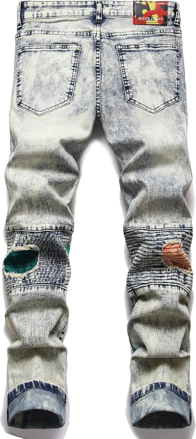 Enrica Men's Ripped Straight Slim Moto Biker Jeans