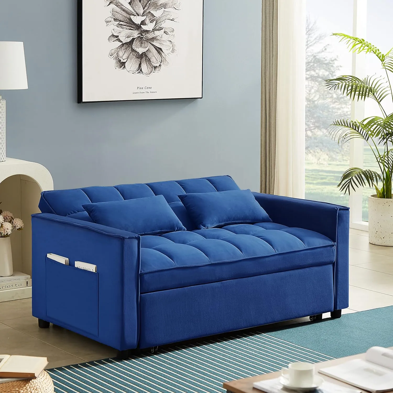 ERYE Modern Loveseat Sofabed 3 in 1 Convertible Sleeper Sofa Bed for Living Room, Velvet Upholstered Tufted Loveseat Sofa Lounge Daybed W/Pull Out Sleeper Couch Bed, Side Pockets and 2 Lumbar Pillows