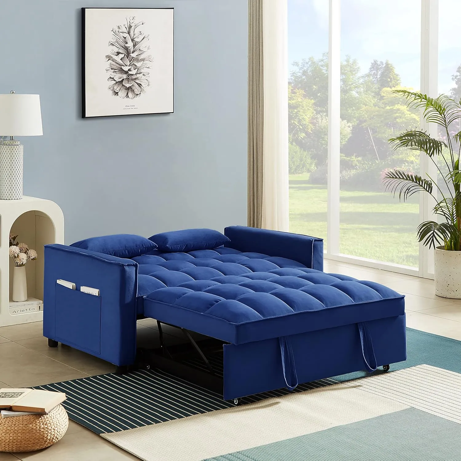 ERYE Modern Loveseat Sofabed 3 in 1 Convertible Sleeper Sofa Bed for Living Room, Velvet Upholstered Tufted Loveseat Sofa Lounge Daybed W/Pull Out Sleeper Couch Bed, Side Pockets and 2 Lumbar Pillows