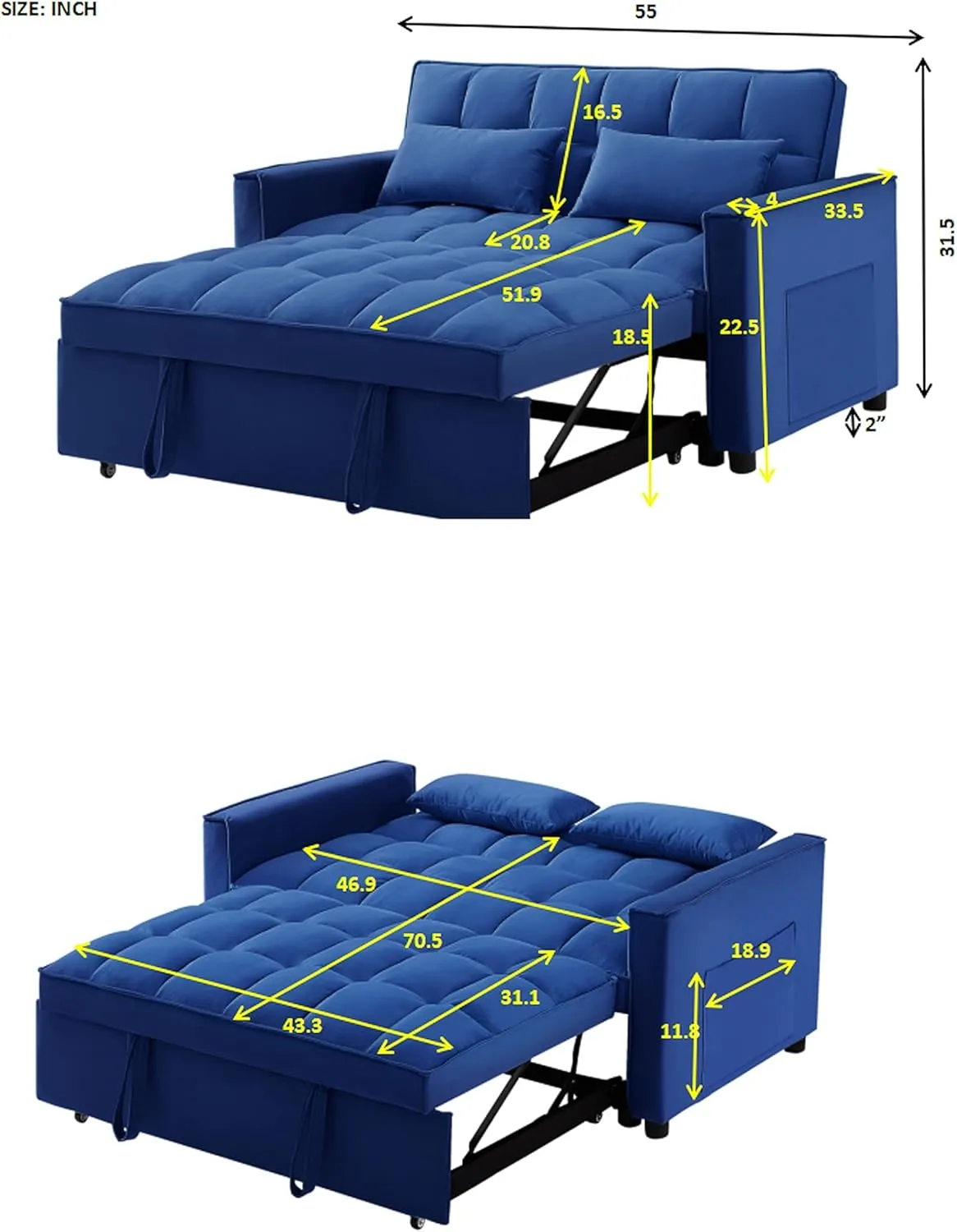 ERYE Modern Loveseat Sofabed 3 in 1 Convertible Sleeper Sofa Bed for Living Room, Velvet Upholstered Tufted Loveseat Sofa Lounge Daybed W/Pull Out Sleeper Couch Bed, Side Pockets and 2 Lumbar Pillows