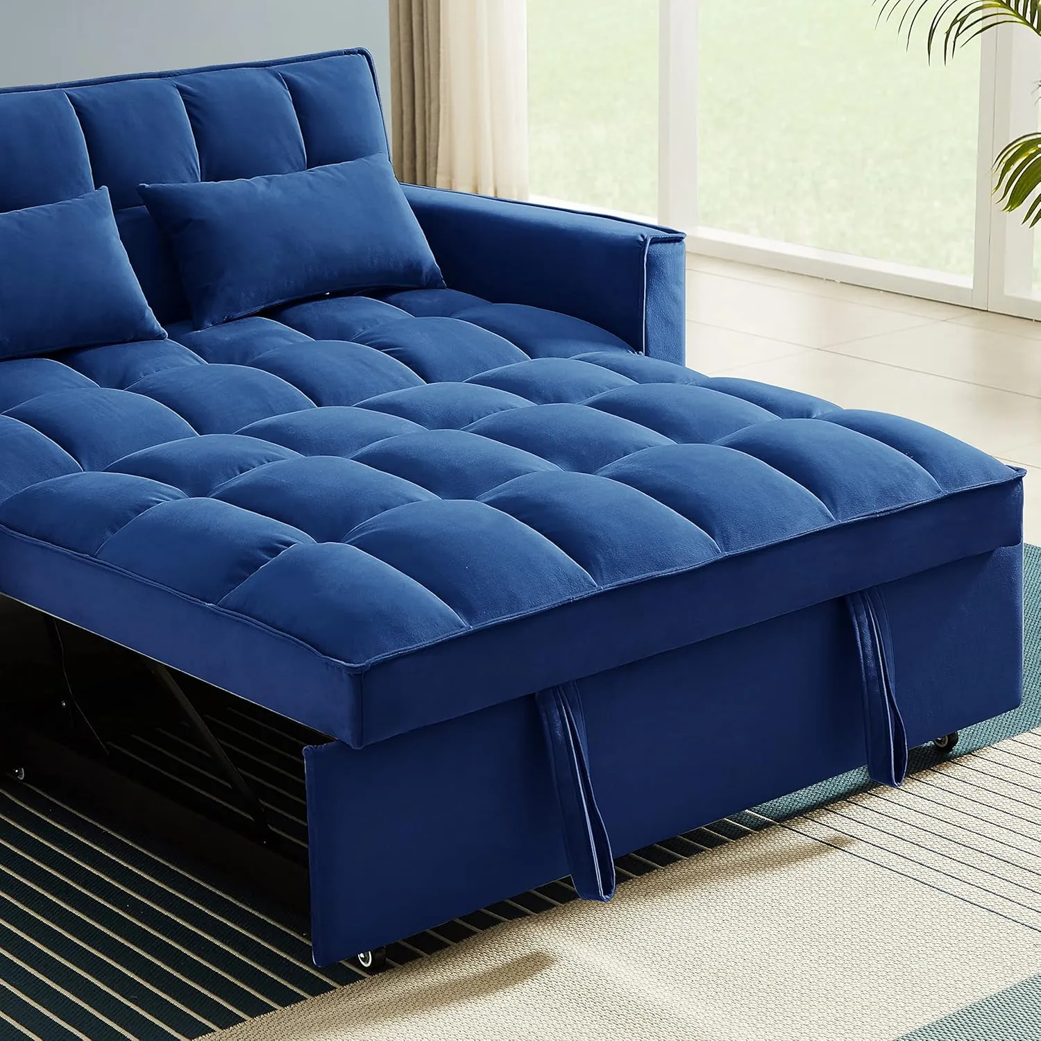 ERYE Modern Loveseat Sofabed 3 in 1 Convertible Sleeper Sofa Bed for Living Room, Velvet Upholstered Tufted Loveseat Sofa Lounge Daybed W/Pull Out Sleeper Couch Bed, Side Pockets and 2 Lumbar Pillows