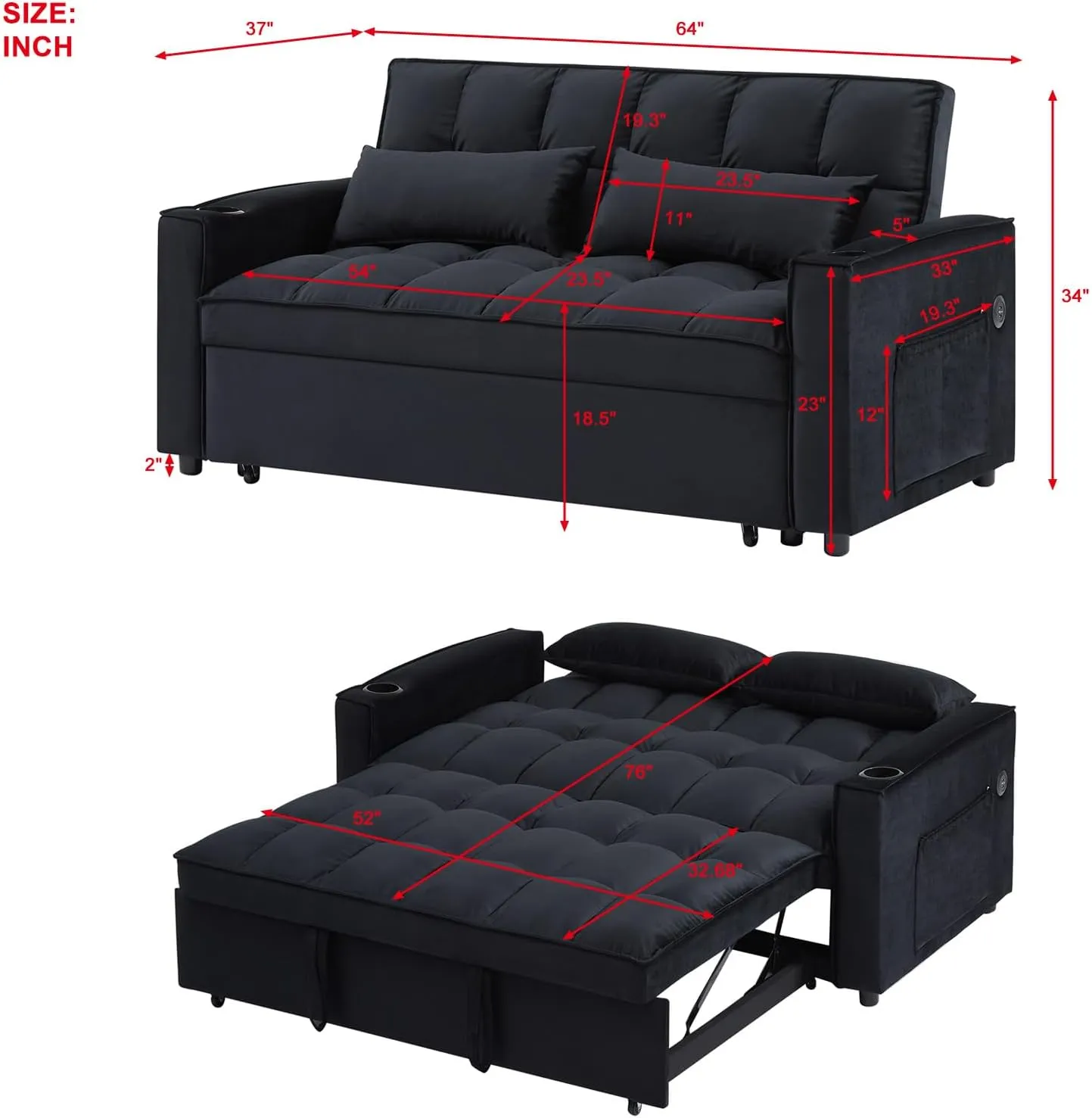 ERYE Upholstered 2 Seaters Futon Sofa Loveseat with Adjustable Backrest Convertible Sleeper Couch Bed for Small Space Apartment Office Living Room Velvet Full w/2 Cupholders and USB Port