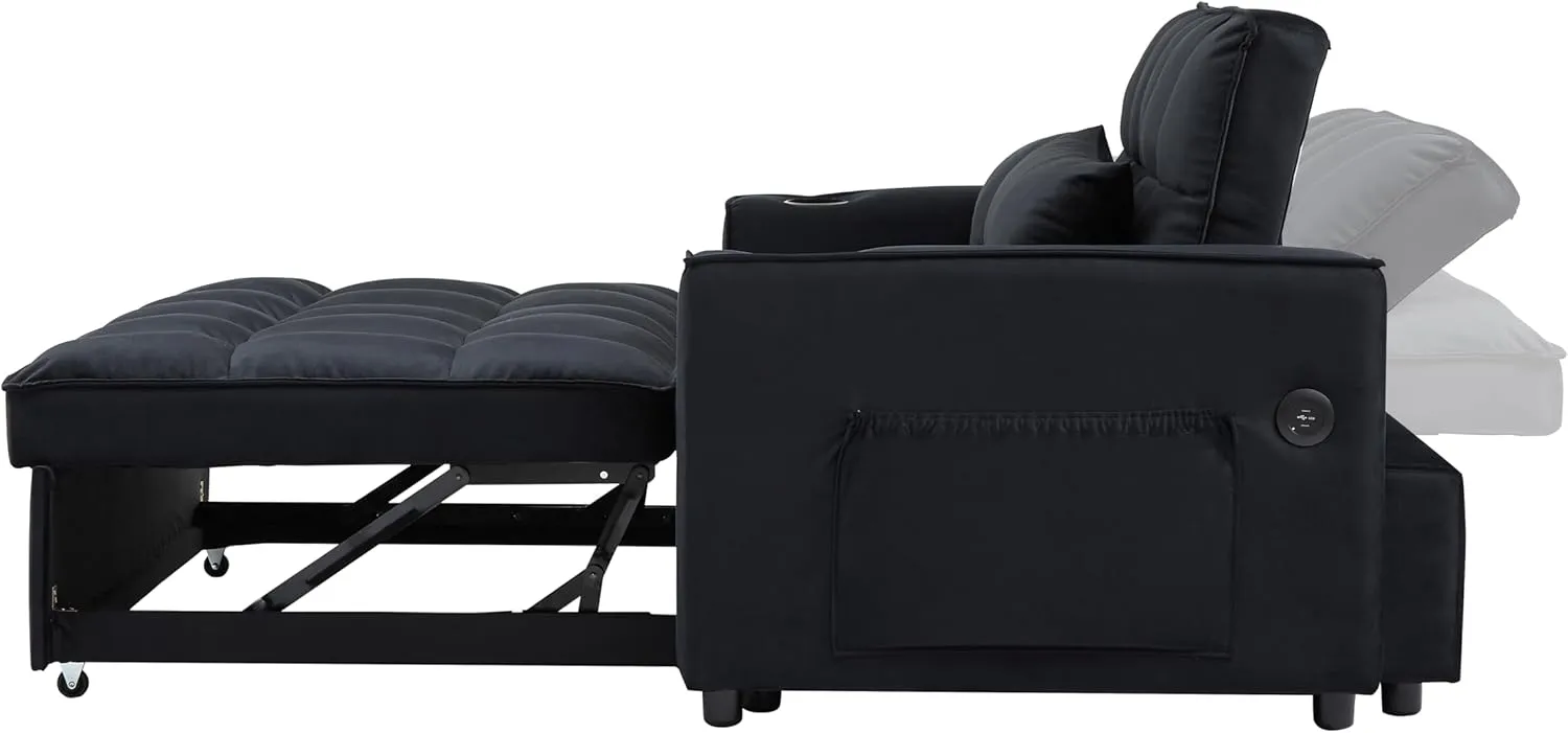 ERYE Upholstered 2 Seaters Futon Sofa Loveseat with Adjustable Backrest Convertible Sleeper Couch Bed for Small Space Apartment Office Living Room Velvet Full w/2 Cupholders and USB Port