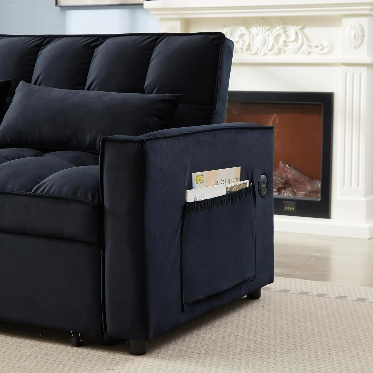ERYE Upholstered 2 Seaters Futon Sofa Loveseat with Adjustable Backrest Convertible Sleeper Couch Bed for Small Space Apartment Office Living Room Velvet Full w/2 Cupholders and USB Port