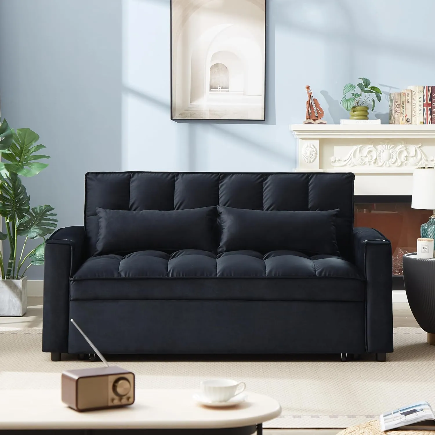 ERYE Upholstered 2 Seaters Futon Sofa Loveseat with Adjustable Backrest Convertible Sleeper Couch Bed for Small Space Apartment Office Living Room Velvet Full w/2 Cupholders and USB Port