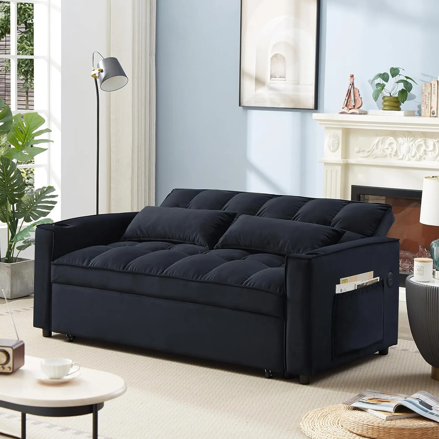 ERYE Upholstered 2 Seaters Futon Sofa Loveseat with Adjustable Backrest Convertible Sleeper Couch Bed for Small Space Apartment Office Living Room Velvet Full w/2 Cupholders and USB Port