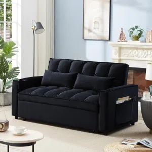 ERYE Upholstered 2 Seaters Futon Sofa Loveseat with Adjustable Backrest Convertible Sleeper Couch Bed for Small Space Apartment Office Living Room Velvet Full w/2 Cupholders and USB Port