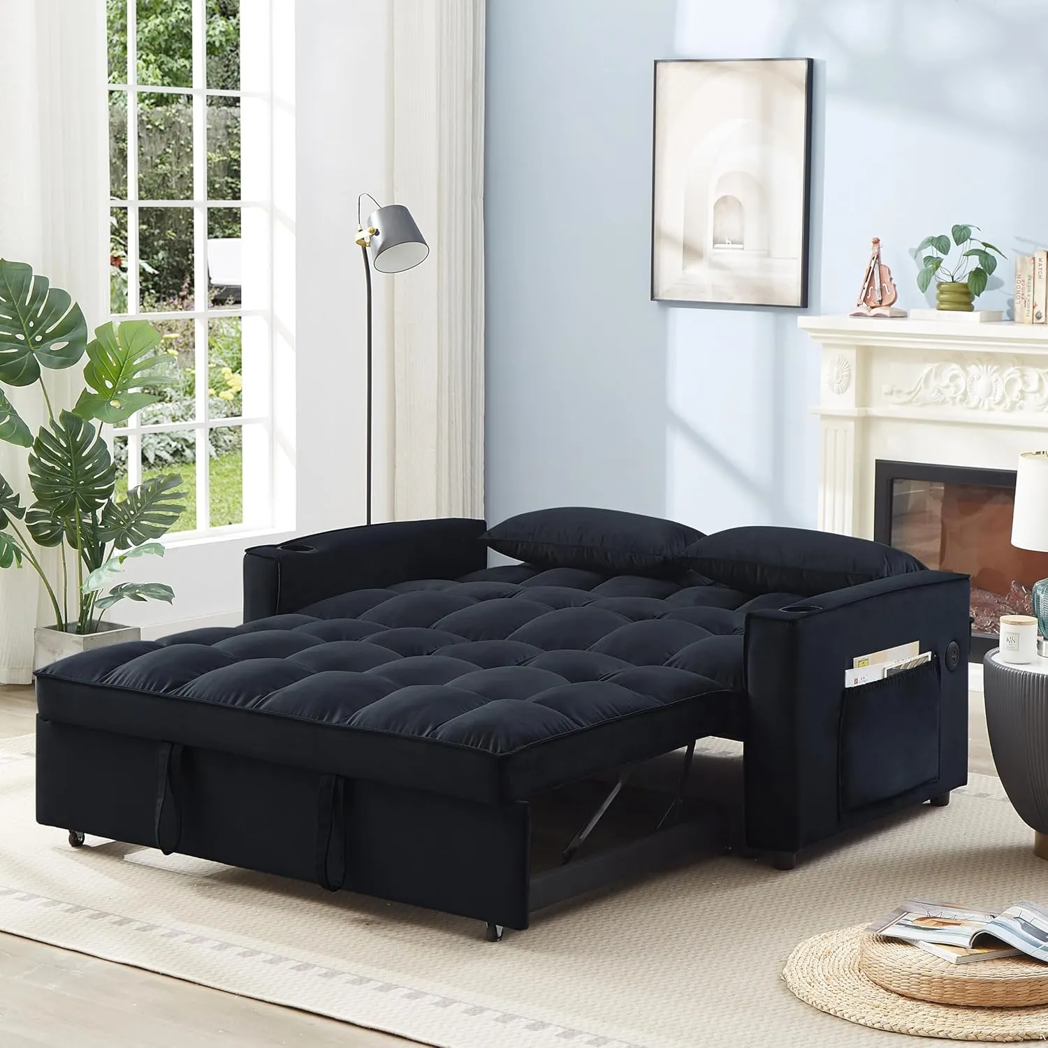 ERYE Upholstered 2 Seaters Futon Sofa Loveseat with Adjustable Backrest Convertible Sleeper Couch Bed for Small Space Apartment Office Living Room Velvet Full w/2 Cupholders and USB Port