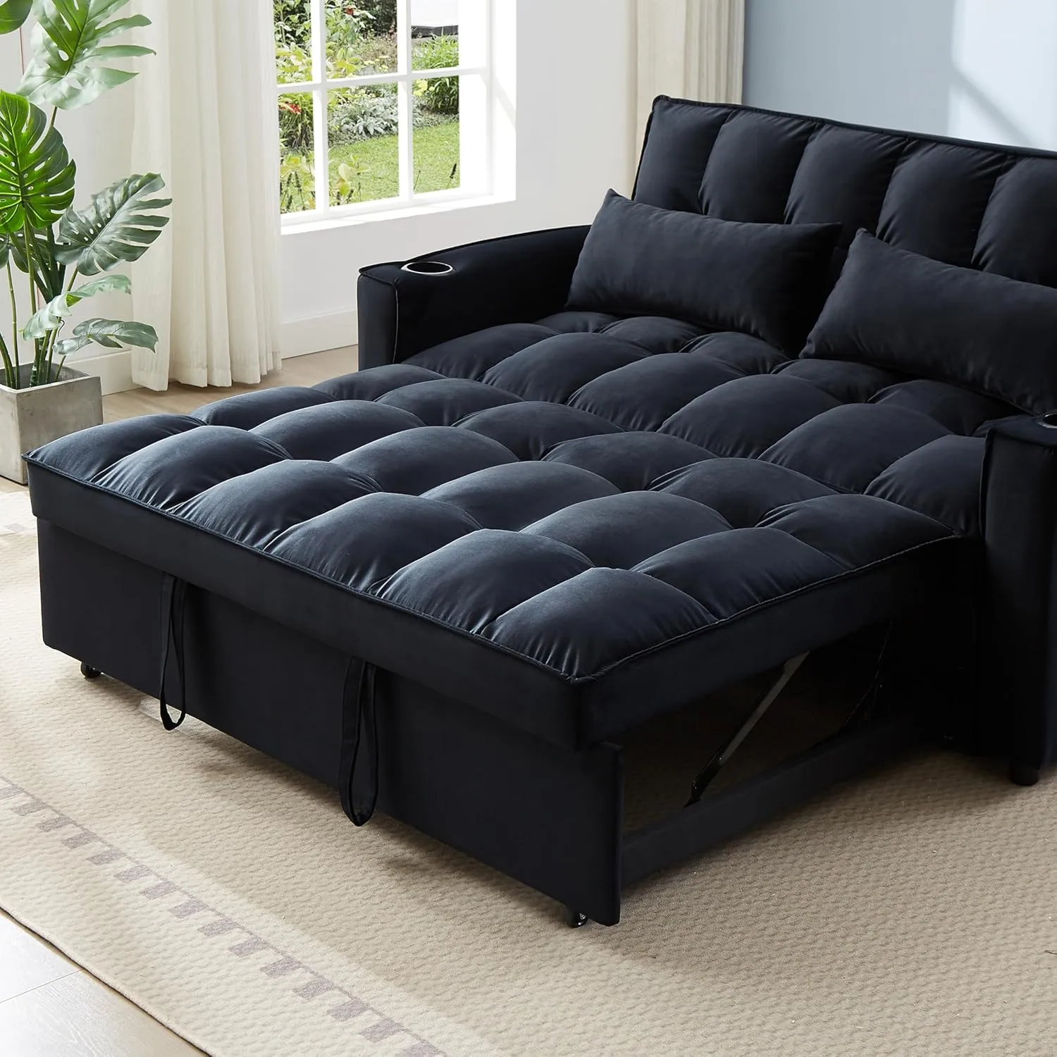 ERYE Upholstered 2 Seaters Futon Sofa Loveseat with Adjustable Backrest Convertible Sleeper Couch Bed for Small Space Apartment Office Living Room Velvet Full w/2 Cupholders and USB Port