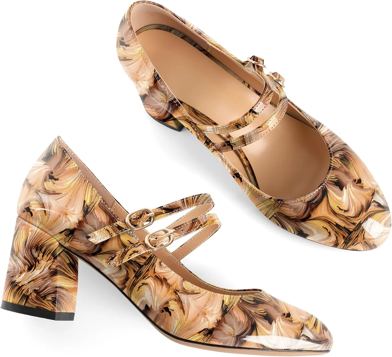 Esvowido Mary Janes Shoes for Women 2.5 Inch Double Straps Low Chunky Heels Comfortable Block Round Closed Toe Pumps in Patent Leather US Sizes 5 to 13