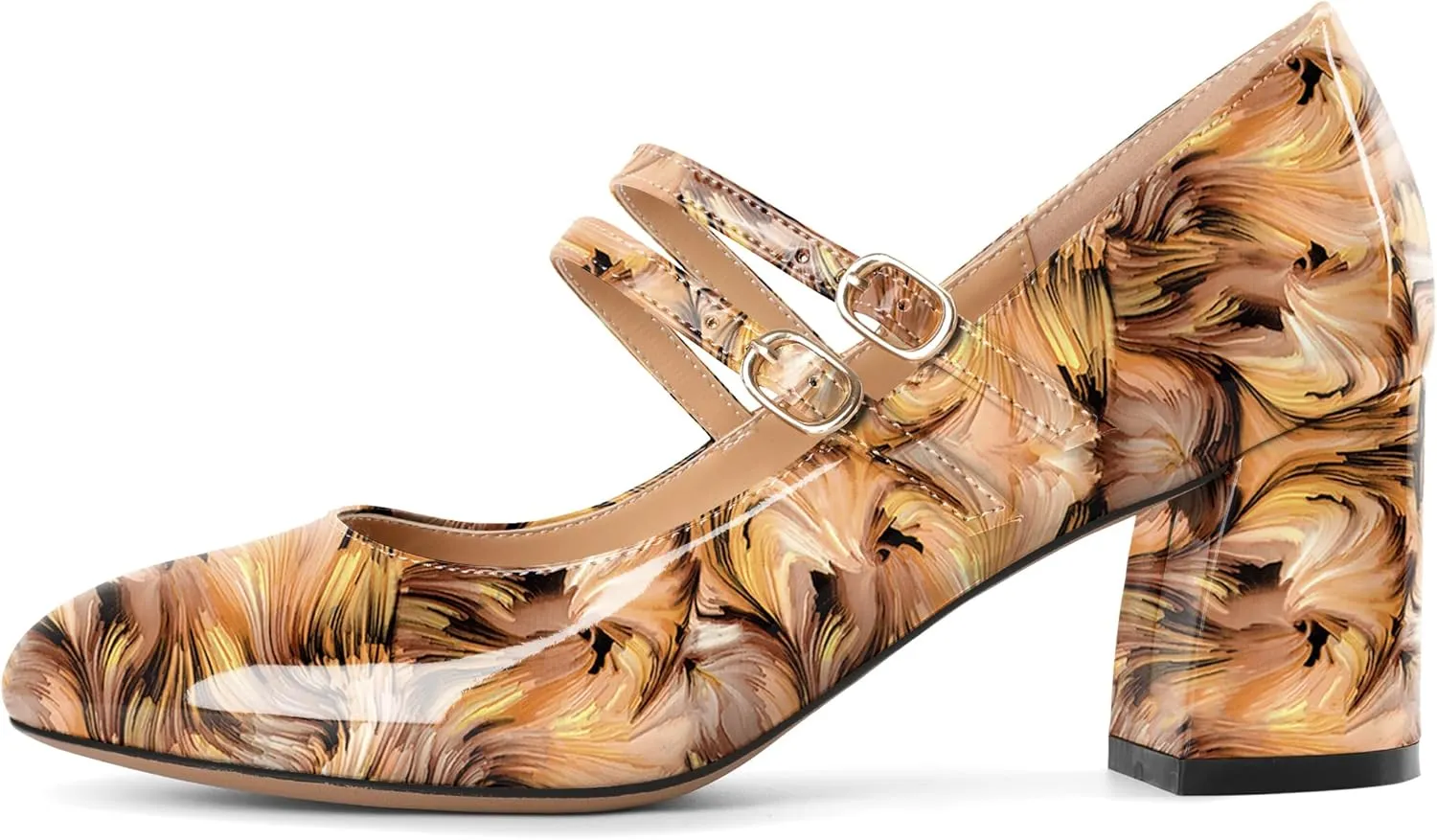Esvowido Mary Janes Shoes for Women 2.5 Inch Double Straps Low Chunky Heels Comfortable Block Round Closed Toe Pumps in Patent Leather US Sizes 5 to 13