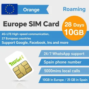 Europe Orange SIM Card 28 Days, EU 10GB, Spain 25GB, 5000 Min Local Calls, Easy Activation & 24/7 Whatsapp Support, Applicable to 27 European Union, for Unlocked Phones