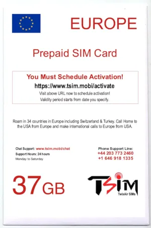 Europe SIM Card 28 Days Holiday with CallHome & Hotspot Tethering. 5G Enabled. Roam in 34 Countries incl Switzerland, Turkey. (37GB)