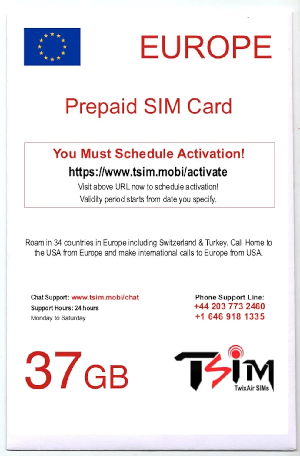 Europe SIM Card 28 Days Holiday with CallHome & Hotspot Tethering. 5G Enabled. Roam in 34 Countries incl Switzerland, Turkey. (37GB)