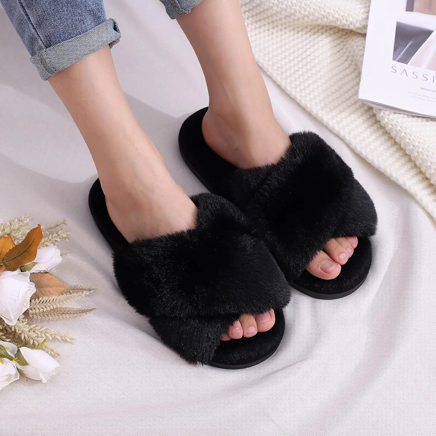 Evshine 2Pairs 4Pairs Women's Fuzzy Slippers Cross Band Memory Foam House Slippers Open Toe Indoor Outdoor Shoes