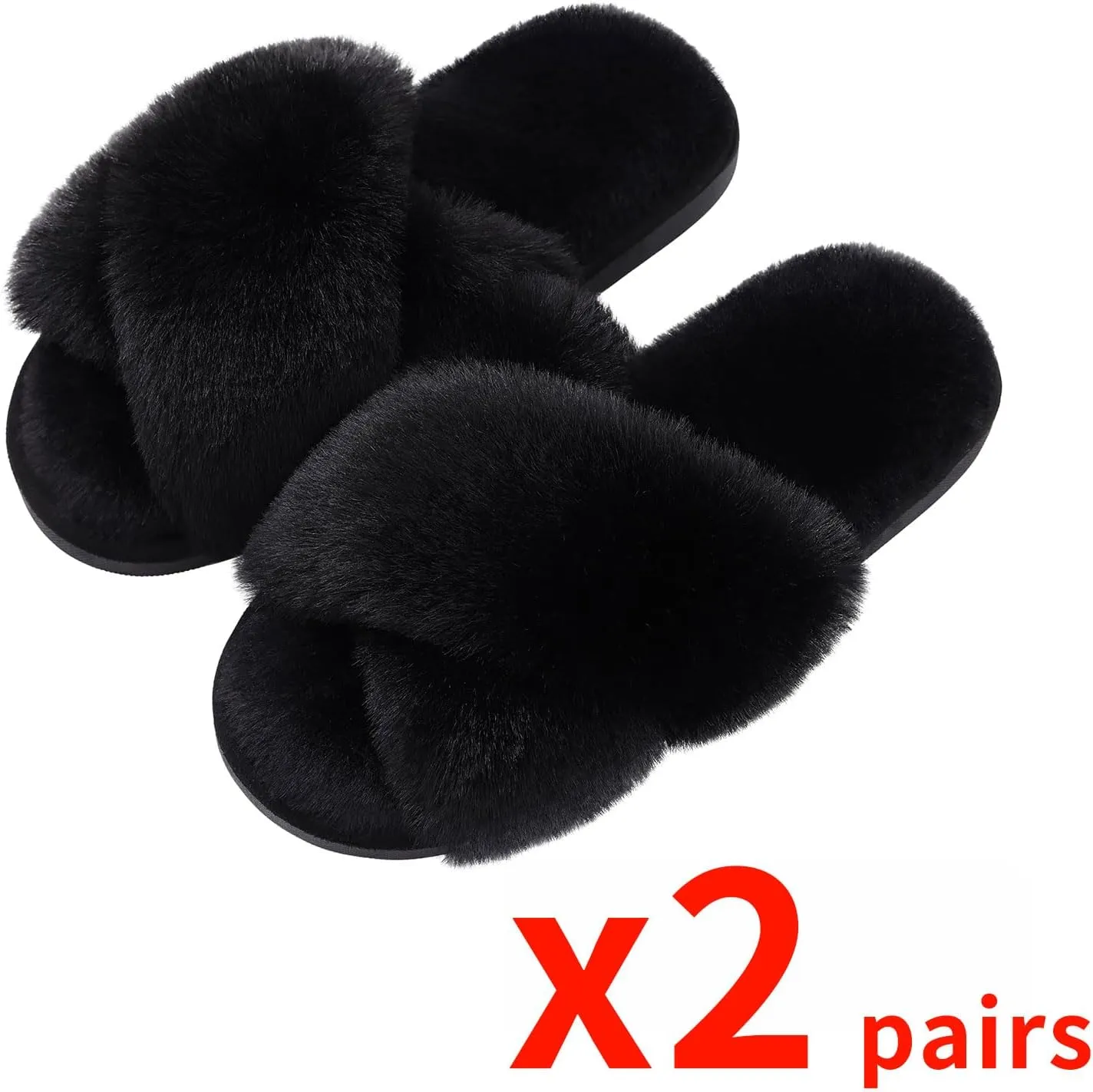 Evshine 2Pairs 4Pairs Women's Fuzzy Slippers Cross Band Memory Foam House Slippers Open Toe Indoor Outdoor Shoes
