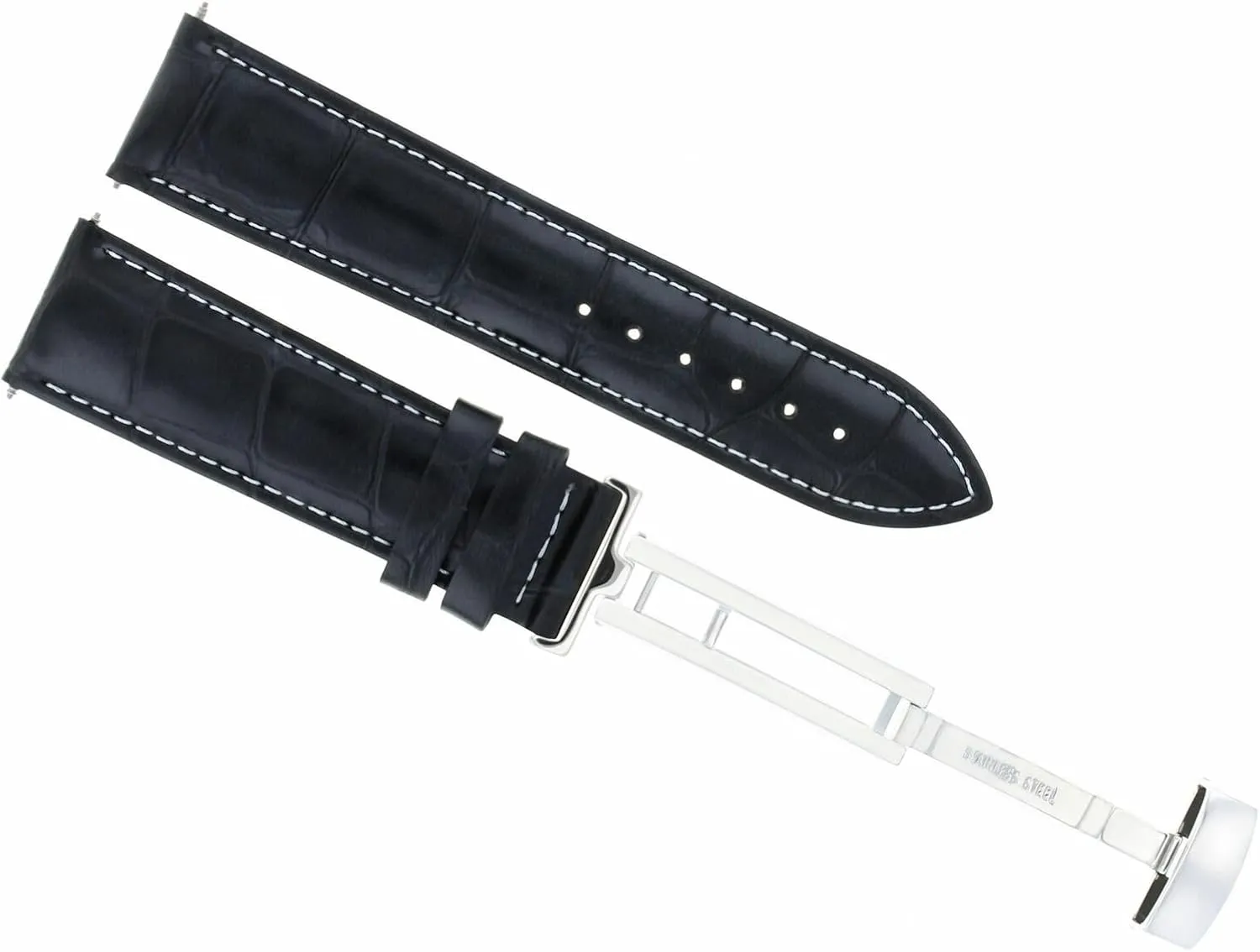 Ewatchparts 18mm Leather Watch Band Strap Deployment Buckle Clasp Compatible With Breguet Watch Black With White Stitching