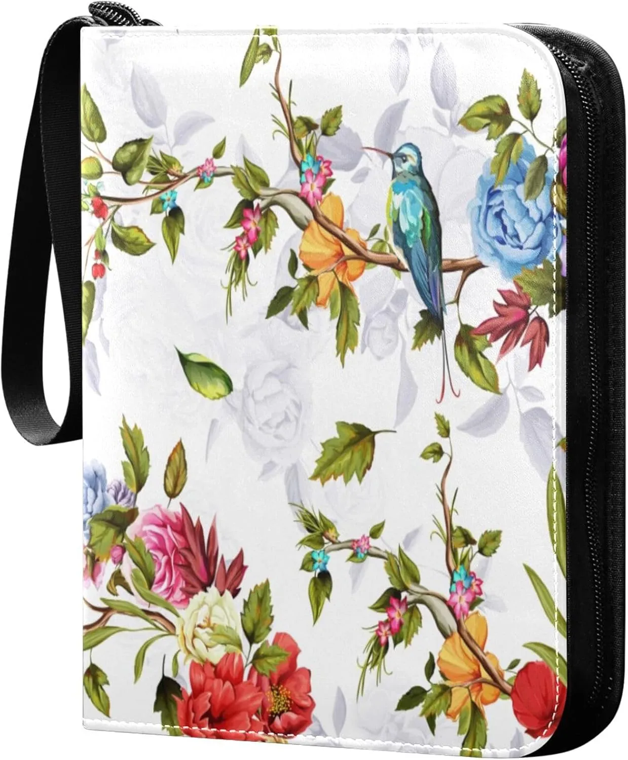 Exnundod 4 Pocket Trading Card Binder Colorful Flowers Birds, PU Leather Card Collection Binder Spring Hummingbirds 400 Cards Organizer Binder Collectible Trading Card Albums for Sports Game Card
