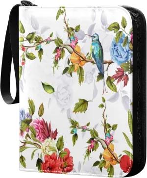 Exnundod 4 Pocket Trading Card Binder Colorful Flowers Birds, PU Leather Card Collection Binder Spring Hummingbirds 400 Cards Organizer Binder Collectible Trading Card Albums for Sports Game Card