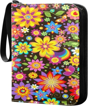 Exnundod 4 Pocket Trading Card Binder Floral with Rainbow, PU Leather Card Collection Binder Colorful Spring Flowers 400 Cards Organizer Binder Collectible Trading Card Albums for Sports Game Card