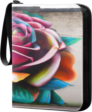 Exnundod Art Valentines Day Rose Trading Card Binder for Cards, Colorful Card Album 4-Pockets for 400 Cards with Removable Sleeves PU Baseball Card Holder Football Sports Card Collection
