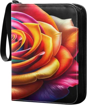 Exnundod Colorful Rose Elegant Trading Card Binder for Cards, Magnificent Card Album 4-Pockets for 400 Cards with Removable Sleeves PU Baseball Card Holder Football Sports Card Collection