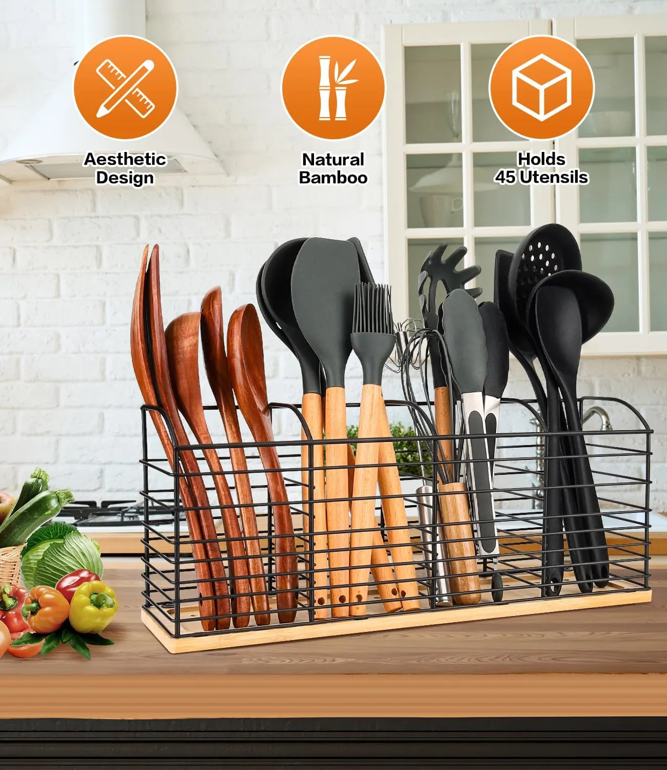 Extra Large Utensil Holder for Kitchen Counter - 15.7"x 6.7"x 4.4", Aesthetic Design, Anti-Slip Mat, 4 Compartments, Black Cooking Utensil Organizer for Countertop, Spatula Utensils Caddy