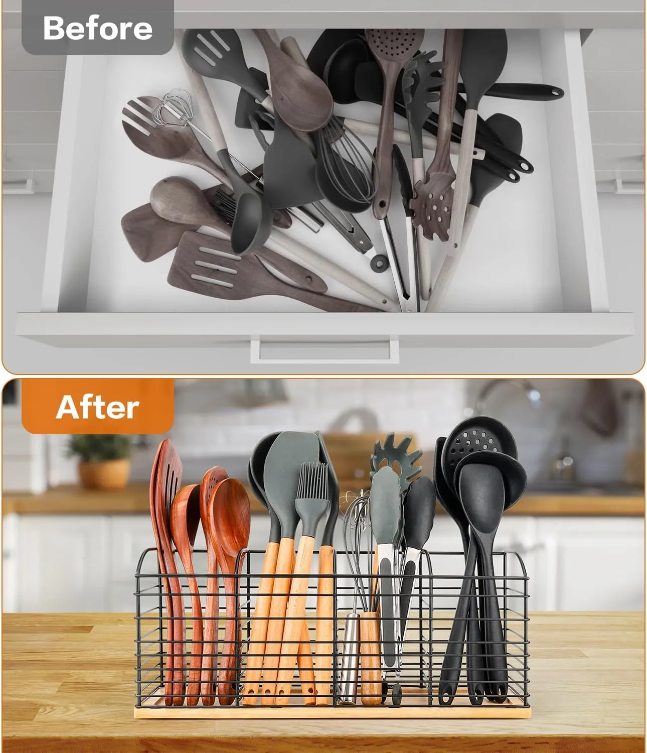Extra Large Utensil Holder for Kitchen Counter - 15.7"x 6.7"x 4.4", Aesthetic Design, Anti-Slip Mat, 4 Compartments, Black Cooking Utensil Organizer for Countertop, Spatula Utensils Caddy