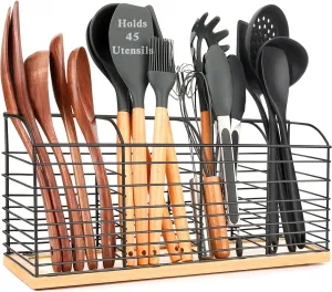 Extra Large Utensil Holder for Kitchen Counter - 15.7"x 6.7"x 4.4", Aesthetic Design, Anti-Slip Mat, 4 Compartments, Black Cooking Utensil Organizer for Countertop, Spatula Utensils Caddy