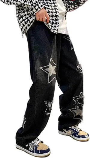 FantasyGears Star Jeans Y2k Men Hip Hop Baggy Pants Straight Leg Graphic Denim Joggers Loose Fit Jeans Streetwear