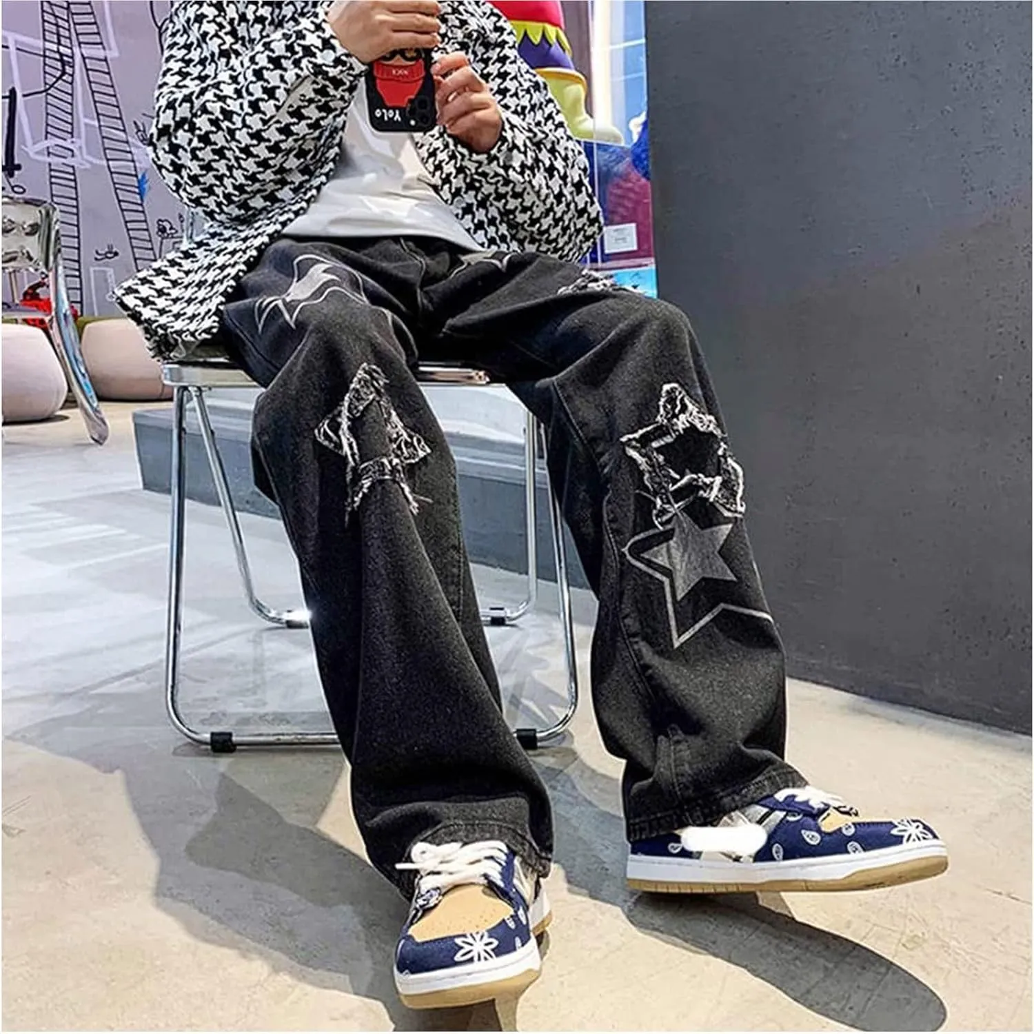 FantasyGears Star Jeans Y2k Men Hip Hop Baggy Pants Straight Leg Graphic Denim Joggers Loose Fit Jeans Streetwear