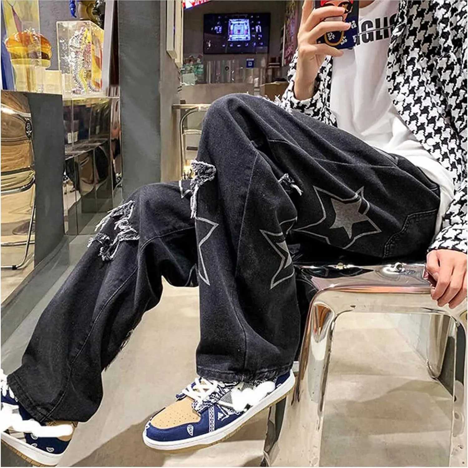 FantasyGears Star Jeans Y2k Men Hip Hop Baggy Pants Straight Leg Graphic Denim Joggers Loose Fit Jeans Streetwear