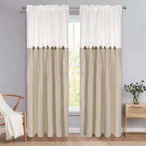 Farmhouse Boho Curtains, Rustic Country Rod Pocket Window Curtain Panels for Living Room Bedroom Decor, Cotton Blend Button Window Drapes, Set of 2 Panels, White and Linen Color, 52 x 84 Inch Length