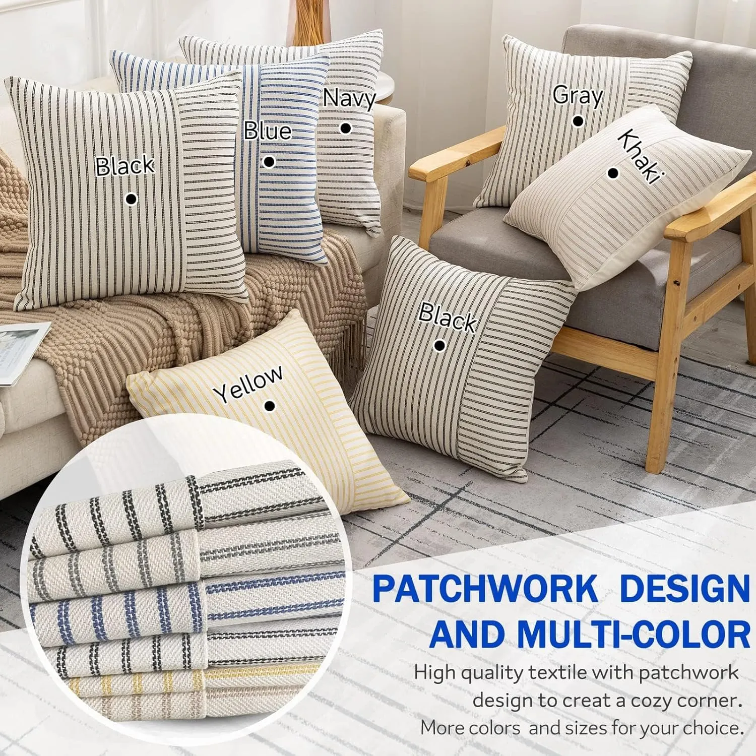 Farmhouse Pillow Covers 24x24, Modern Accent Square Throw Pillow Covers Set of 2, Gray and Beige Striped Patchwork Linen Decorative Pillows Cushion Covers for Couch Chair Bedroom Fall Decorations