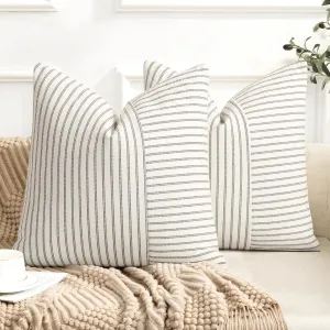 Farmhouse Pillow Covers 24x24, Modern Accent Square Throw Pillow Covers Set of 2, Gray and Beige Striped Patchwork Linen Decorative Pillows Cushion Covers for Couch Chair Bedroom Fall Decorations