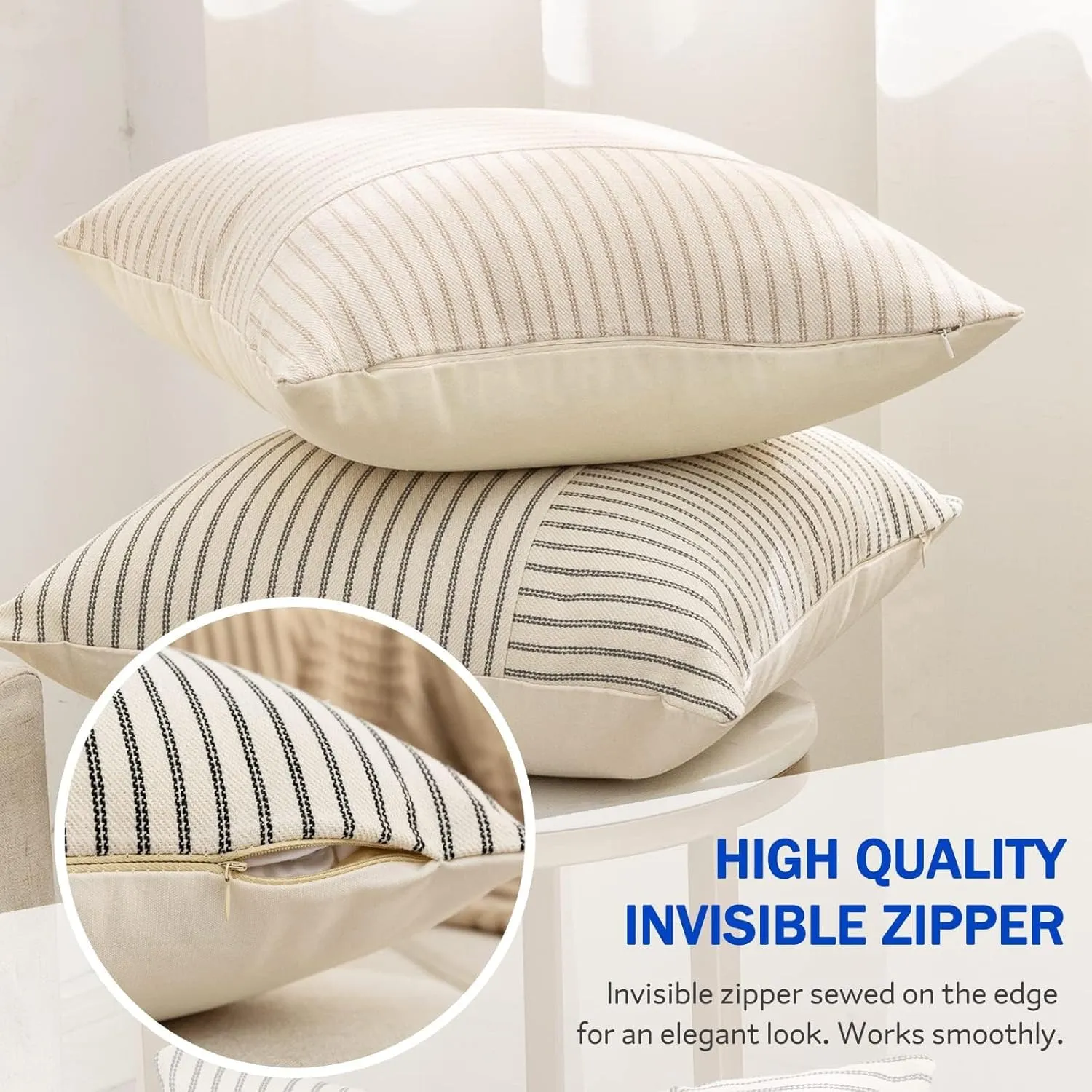 Farmhouse Pillow Covers 24x24, Modern Accent Square Throw Pillow Covers Set of 2, Gray and Beige Striped Patchwork Linen Decorative Pillows Cushion Covers for Couch Chair Bedroom Fall Decorations