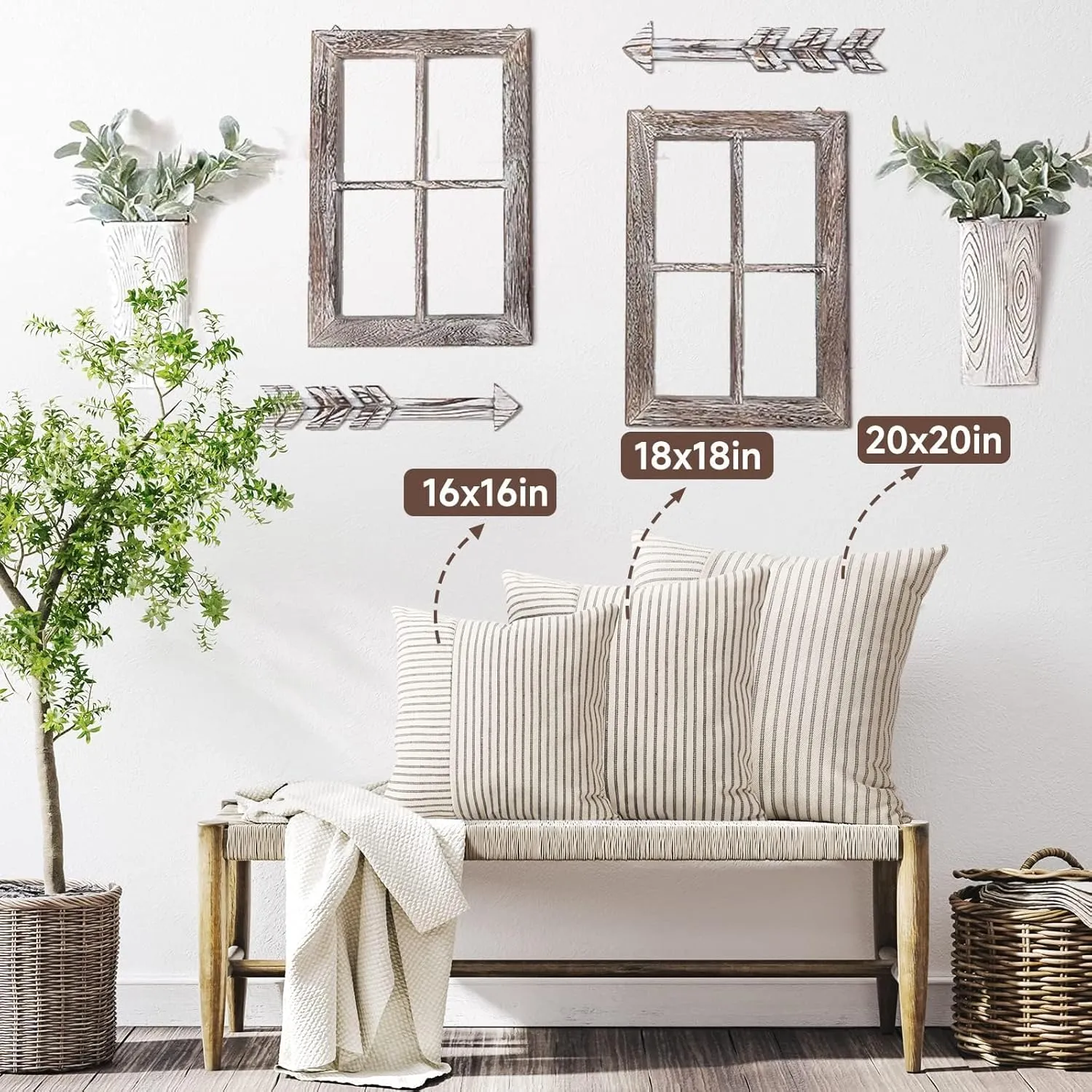Farmhouse Pillow Covers 24x24, Modern Accent Square Throw Pillow Covers Set of 2, Gray and Beige Striped Patchwork Linen Decorative Pillows Cushion Covers for Couch Chair Bedroom Fall Decorations